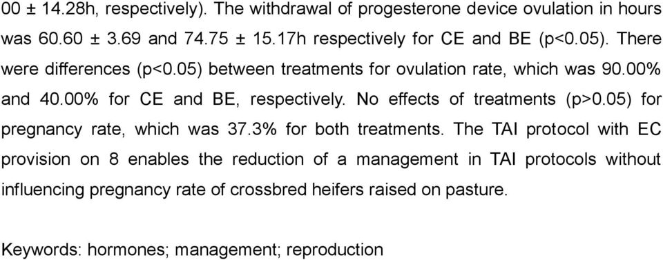 00% for CE and BE, respectively. No effects of treatments (p>0.05) for pregnancy rate, which was 37.3% for both treatments.