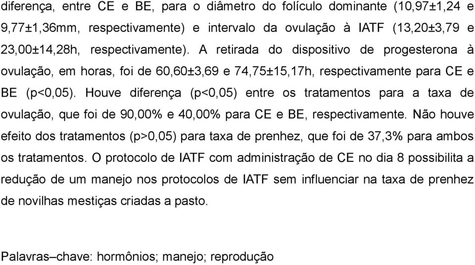 Houve diferença (p<0,05) entre os tratamentos para a taxa de ovulação, que foi de 90,00% e 40,00% para CE e BE, respectivamente.