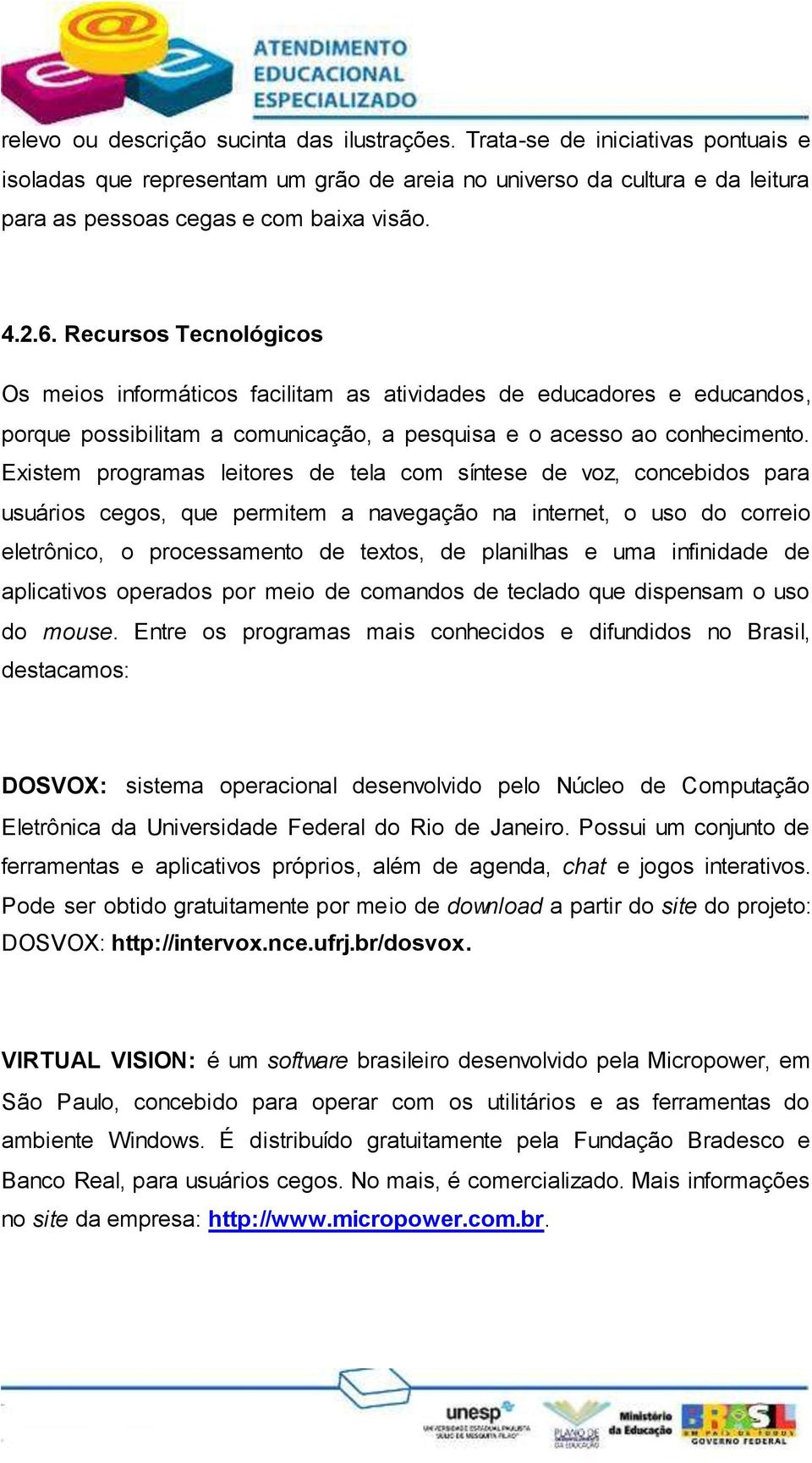 Existem programas leitores de tela com síntese de voz, concebidos para usuários cegos, que permitem a navegação na internet, o uso do correio eletrônico, o processamento de textos, de planilhas e uma