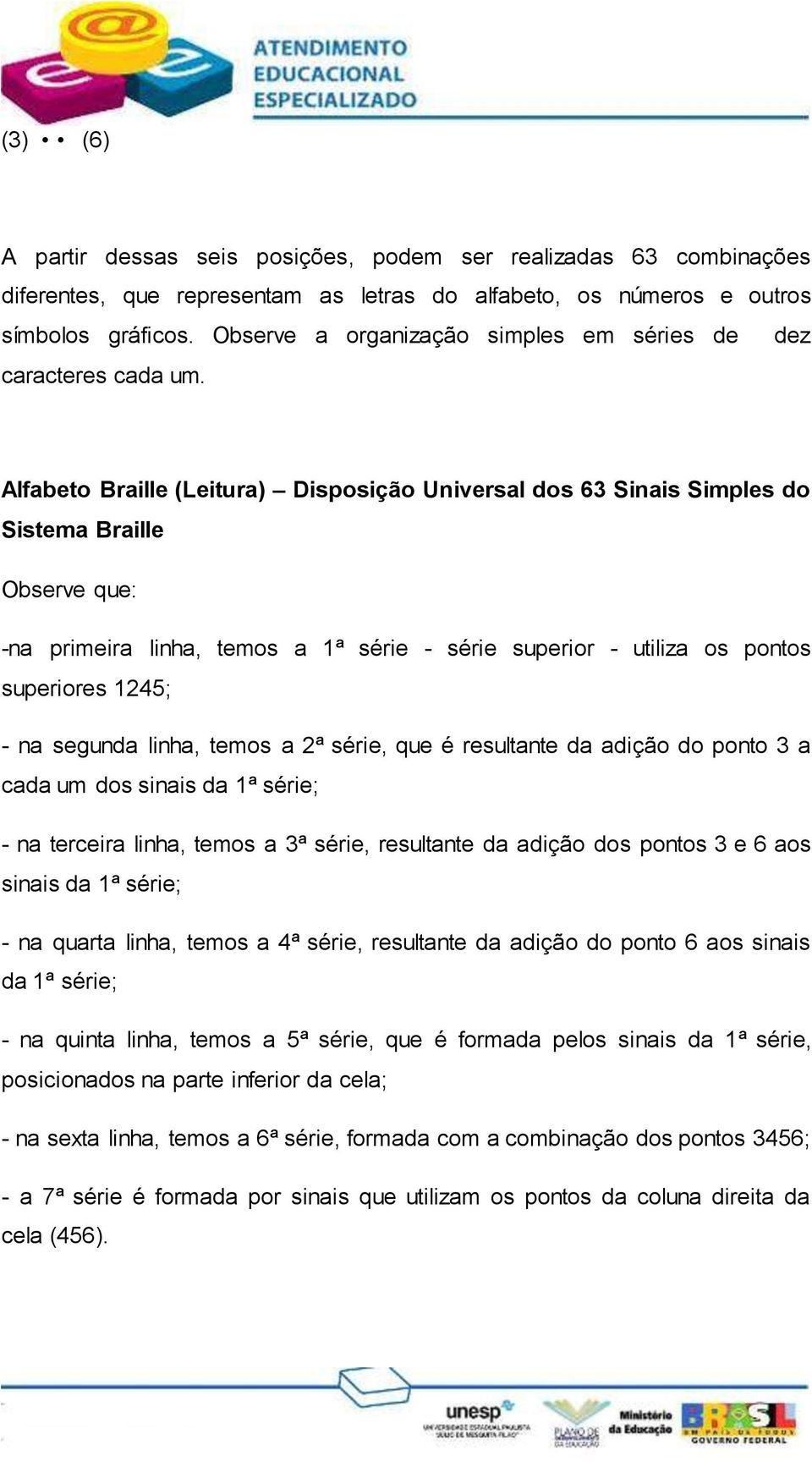 23 Alfabeto Braille (Leitura) Disposição Universal dos 63 Sinais Simples do Sistema Braille Observe que: -na primeira linha, temos a 1ª série - série superior - utiliza os pontos superiores 1245; -