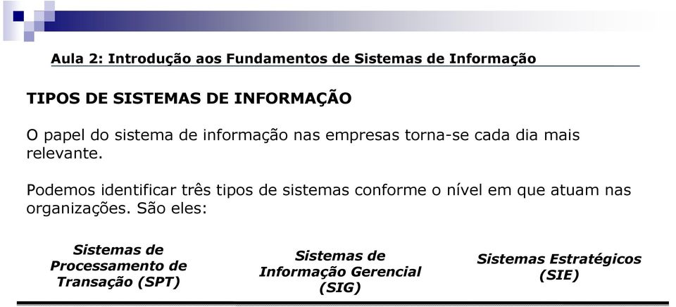 Podemos identificar três tipos de sistemas conforme o nível em que atuam nas organizações.