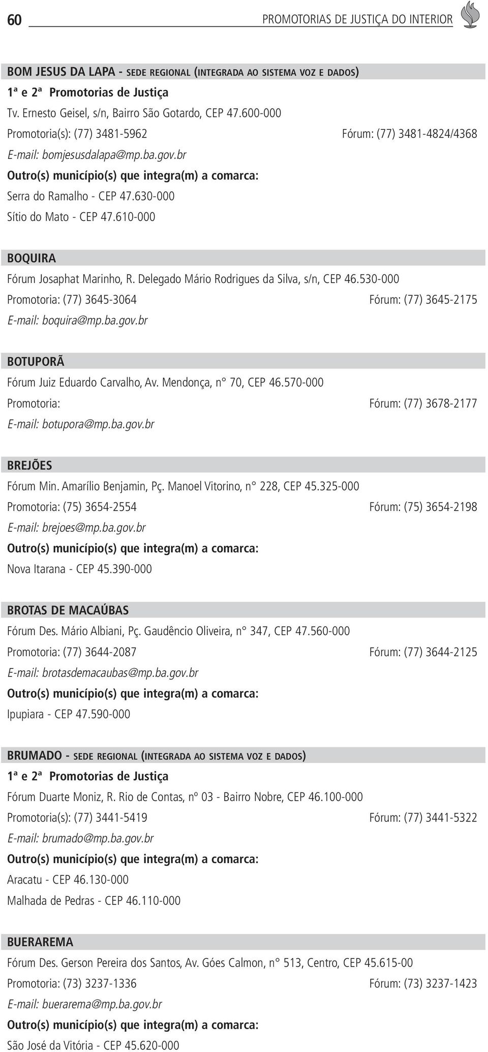 Delegado Mário Rodrigues da Silva, s/n, CEP 46.530-000 Promotoria: (77) 3645-3064 Fórum: (77) 3645-2175 E-mail: boquira@mp.ba.gov.br BOTUPORÃ Fórum Juiz Eduardo Carvalho, Av. Mendonça, n 70, CEP 46.