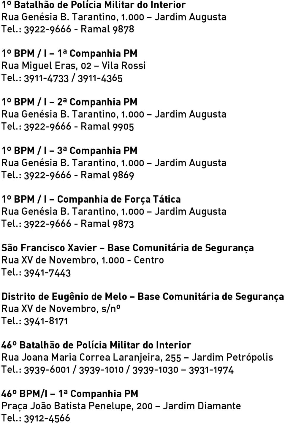 Tarantino, 1.000 Jardim Augusta Tel.: 3922-9666 - Ramal 9873 São Francisco Xavier Base Comunitária de Segurança Rua XV de Novembro, 1.000 - Centro Tel.