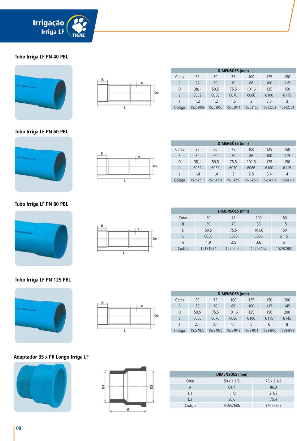 Código 15284218 15284234 15284250 15284277 15284307 15284323 Tubo Irriga LF PN 80 PBL Cotas 50 75 100 150 B 50 70 86 115 D 50,5 75,5 101,6 150 L 6050 6070 6086 6115 e 1,9 2,5 3,6 5 Código 15181974