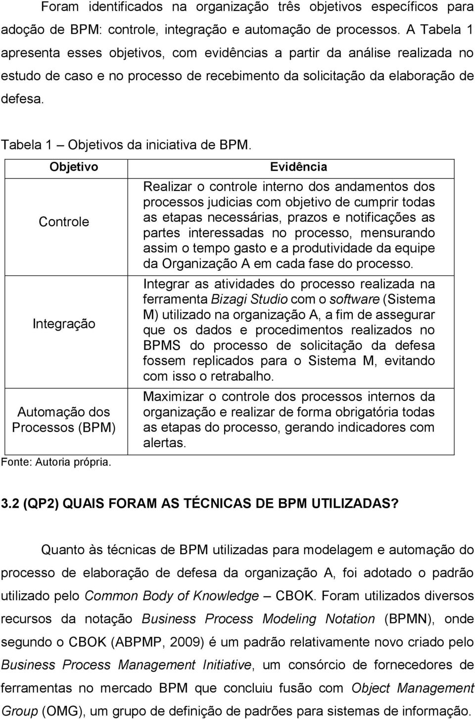 Tabela 1 Objetivos da iniciativa de BPM. Objetivo Controle Integração Automação dos Processos (BPM) Fonte: Autoria própria.