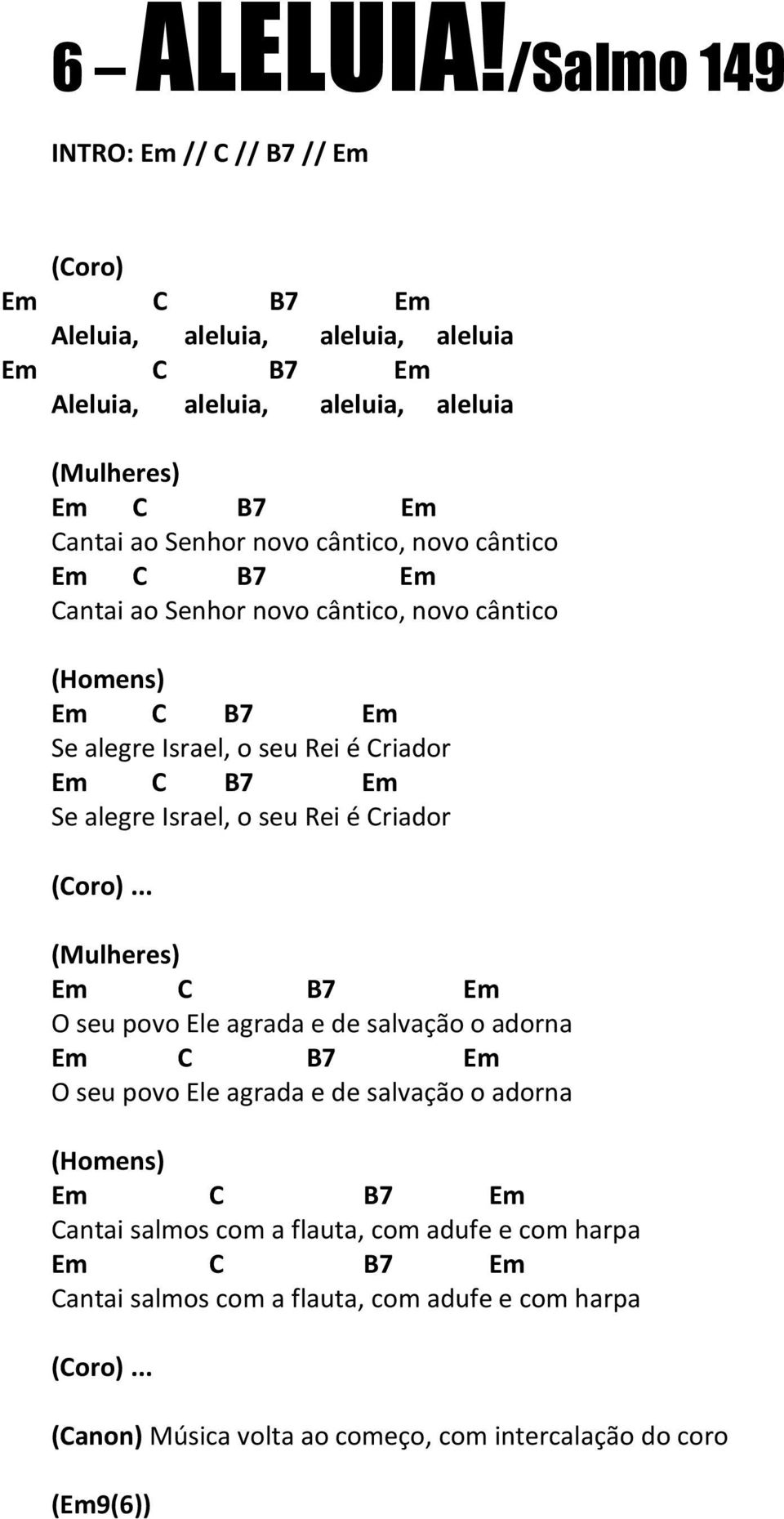 cântico, novo cântico Cantai ao Senhor novo cântico, novo cântico (Homens) Se alegre Israel, o seu Rei é Criador Se alegre Israel, o seu Rei é