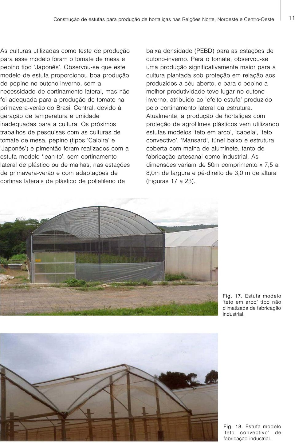 Observou-se que este modelo de estufa proporcionou boa produção de pepino no outono-inverno, sem a necessidade de cortinamento lateral, mas não foi adequada para a produção de tomate na