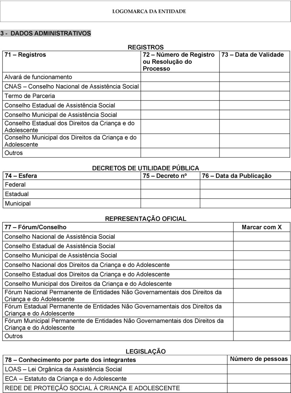 73 Data de Validade DECRETOS DE UTILIDADE PÚBLICA 74 Esfera 75 Decreto nº 76 Data da Publicação Federal Estadual Municipal REPRESENTAÇÃO OFICIAL 77 Fórum/Conselho Marcar com X Conselho Nacional de