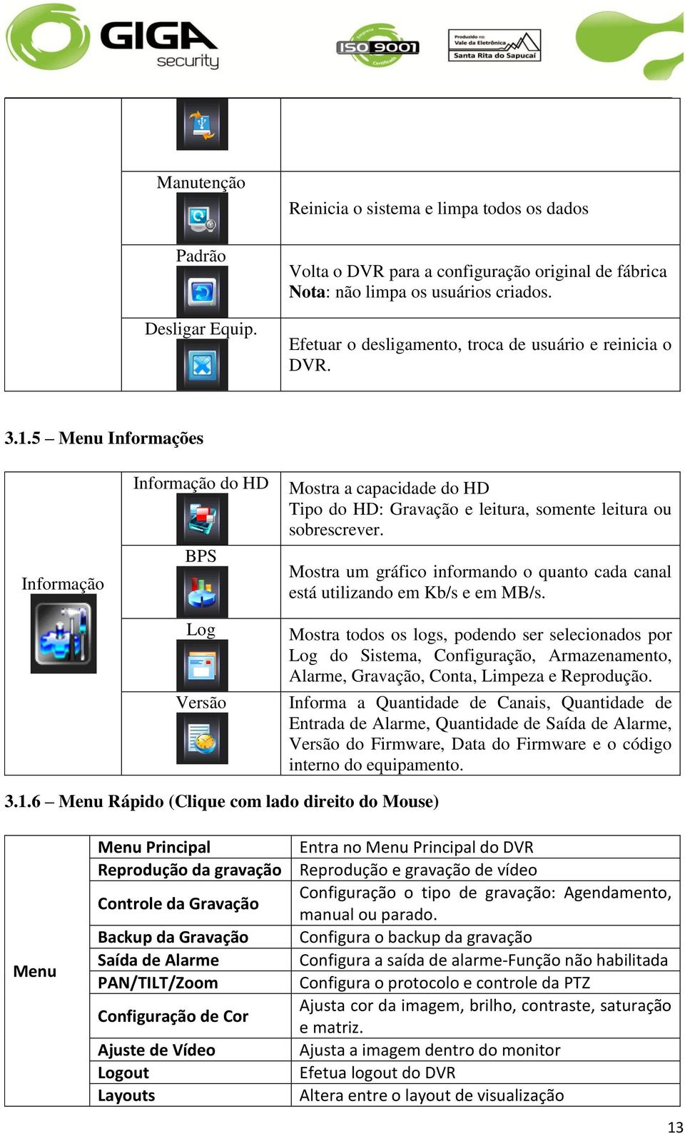 5 Menu Informações Informação Informação do HD BPS Log Versão Mostra a capacidade do HD Tipo do HD: Gravação e leitura, somente leitura ou sobrescrever.