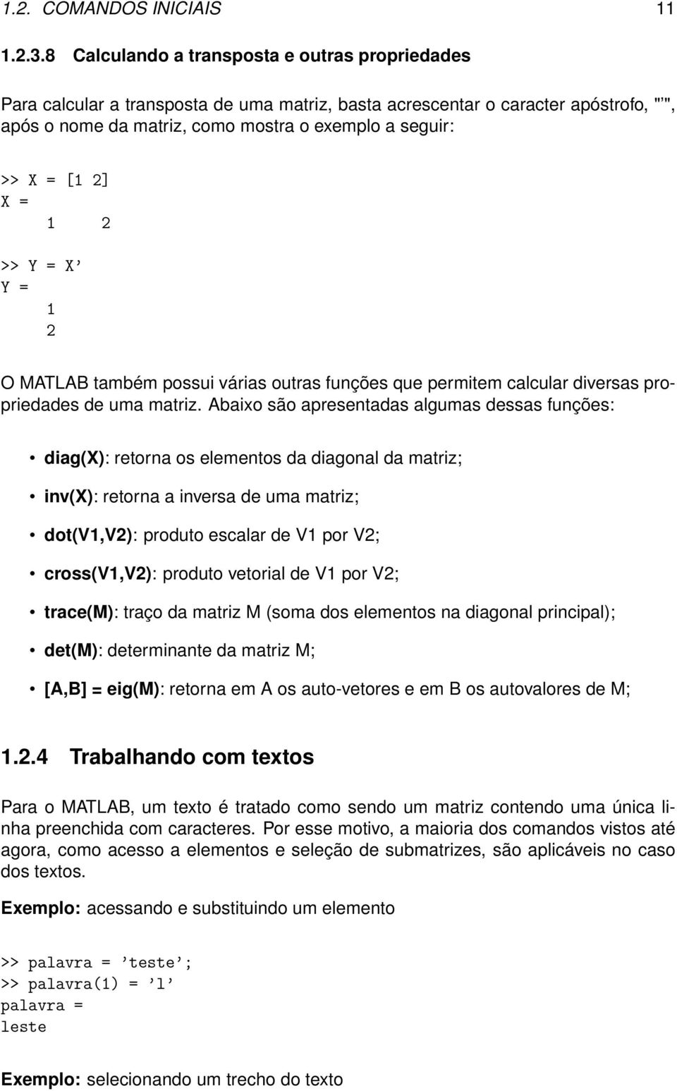 2] X = 1 2 >> Y = X Y = 1 2 O MATLAB também possui várias outras funções que permitem calcular diversas propriedades de uma matriz.