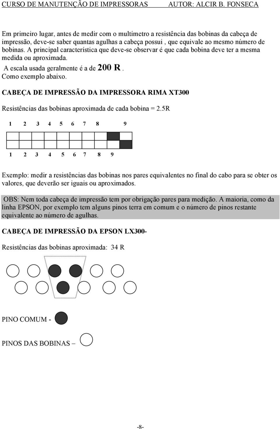 CABEÇA DE IMPRESSÃO DA IMPRESSORA RIMA XT300 Resistências das bobinas aproximada de cada bobina = 2.