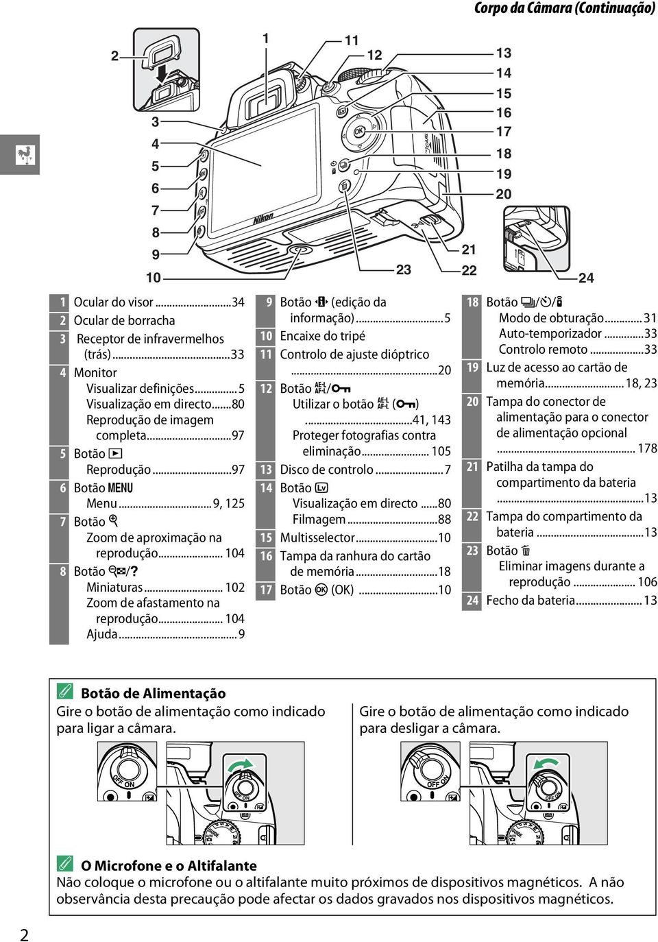 ..9 1 11 12 13 14 15 16 17 23 9 Botão P (edição da informação)...5 10 Encaixe do tripé 11 Controlo de ajuste dióptrico...20 12 Botão A/L Utilizar o botão A (L).