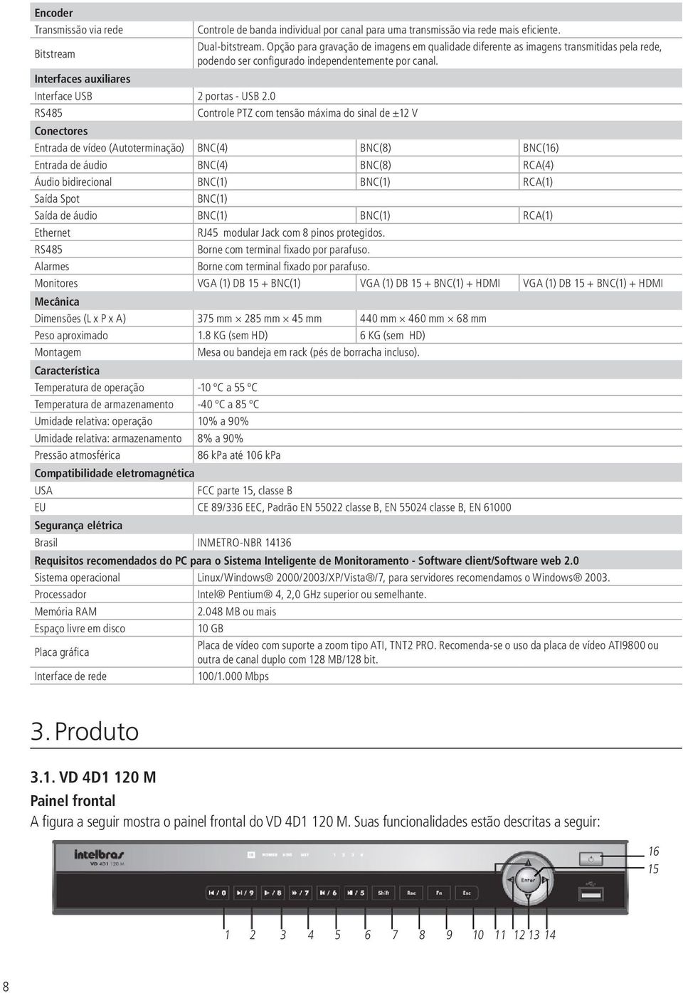 0 RS485 Controle PTZ com tensão máxima do sinal de ±12 V Conectores Entrada de vídeo (Autoterminação) BNC(4) BNC(8) BNC(16) Entrada de áudio BNC(4) BNC(8) RCA(4) Áudio bidirecional BNC(1) BNC(1)