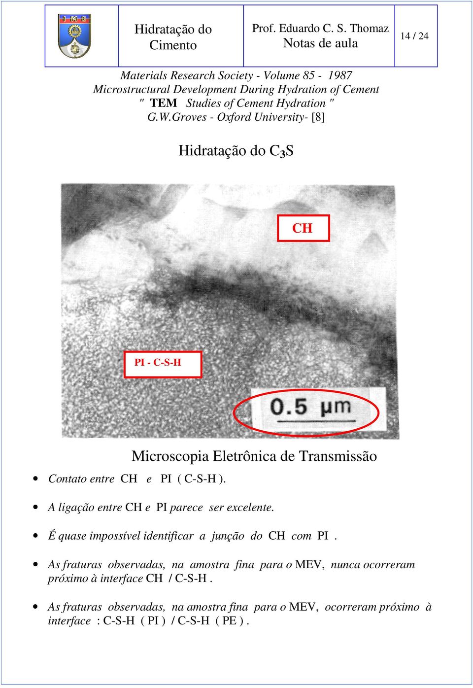 Microscopia Eletrônica de Transmissão A ligação entre CH e PI parece ser excelente. É quase impossível identificar a junção do CH com PI.