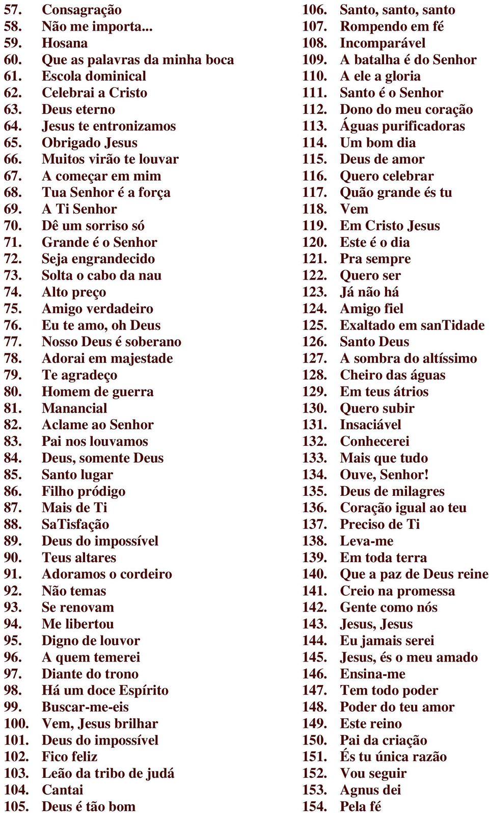 Amigo verdadeiro 7. Eu te amo, oh Deus 77. Nosso Deus é soberano 78. Adorai em majestade 79. Te agradeço 80. Homem de guerra 81. Manancial 82. Aclame ao Senhor 83. Pai nos louvamos 84.