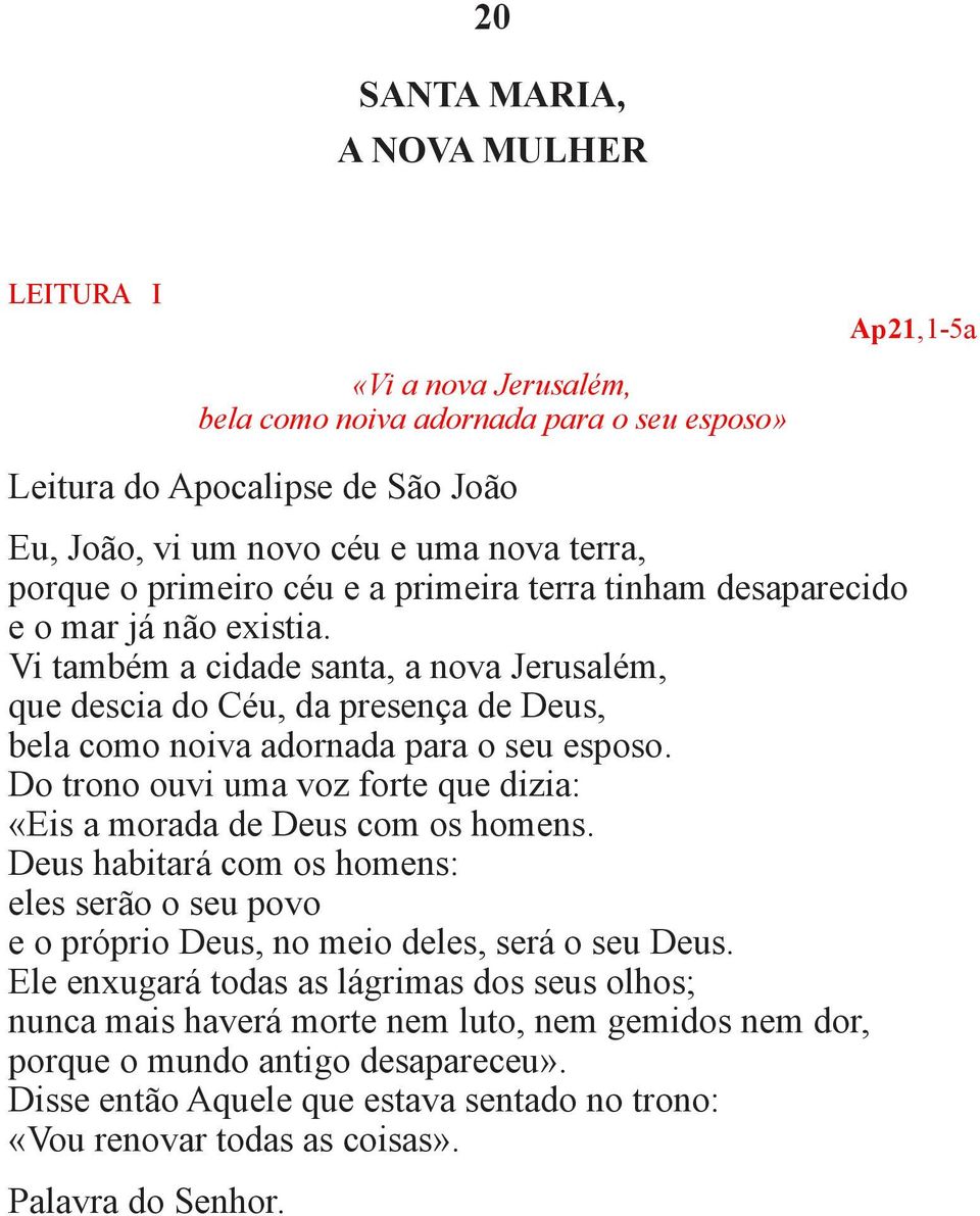 Vi também a cidade santa, a nova Jerusalém, que descia do Céu, da presença de Deus, bela como noiva adornada para o seu esposo.