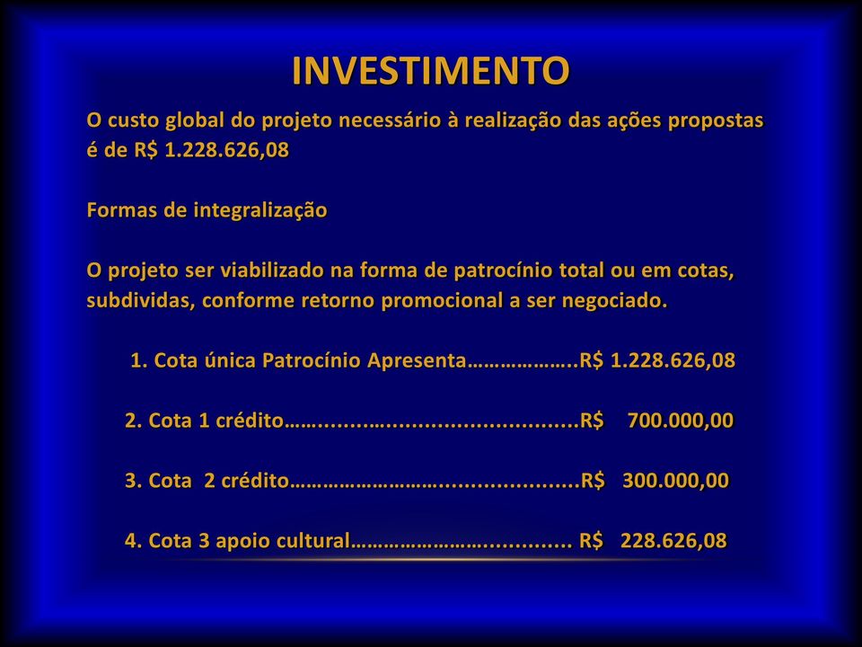 subdividas, conforme retorno promocional a ser negociado. 1. Cota única Patrocínio Apresenta..R$ 1.228.