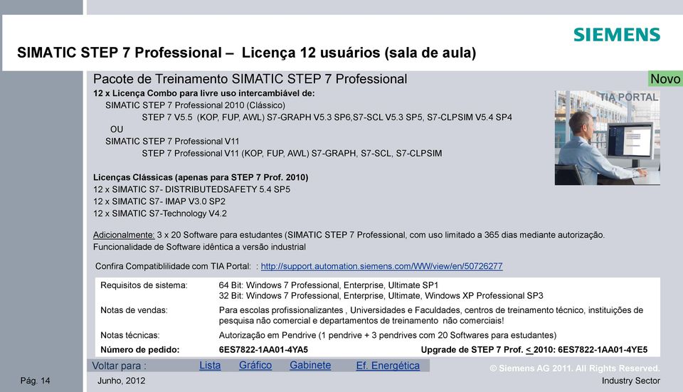 4 SP4 OU SIMATIC STEP 7 Professional V11 STEP 7 Professional V11 (KOP, FUP, AWL) S7-GRAPH, S7-SCL, S7-CLPSIM TIA PORTAL Novo Requisitos de sistema: Notas de vendas: Pág.