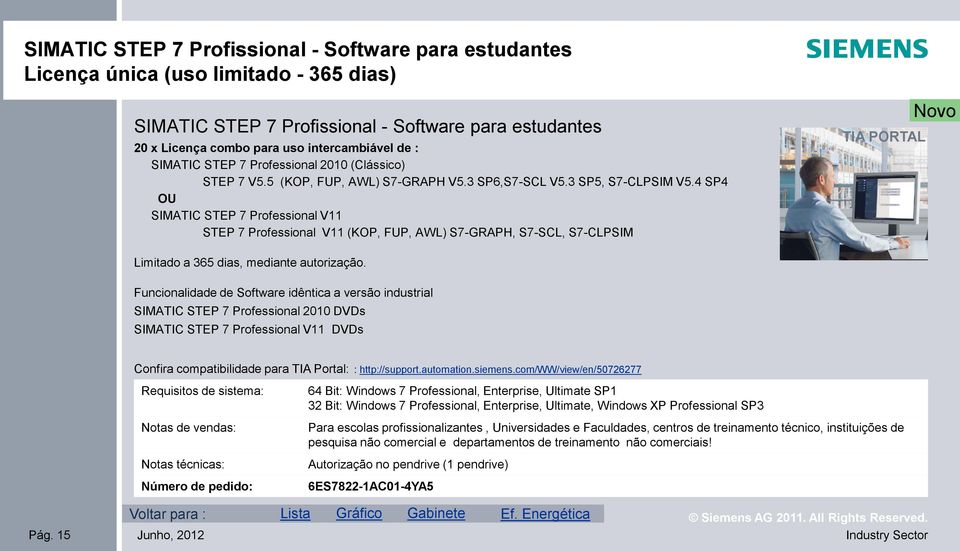 4 SP4 OU SIMATIC STEP 7 Professional V11 STEP 7 Professional V11 (KOP, FUP, AWL) S7-GRAPH, S7-SCL, S7-CLPSIM TIA PORTAL Novo Limitado a 365 dias, mediante autorização.