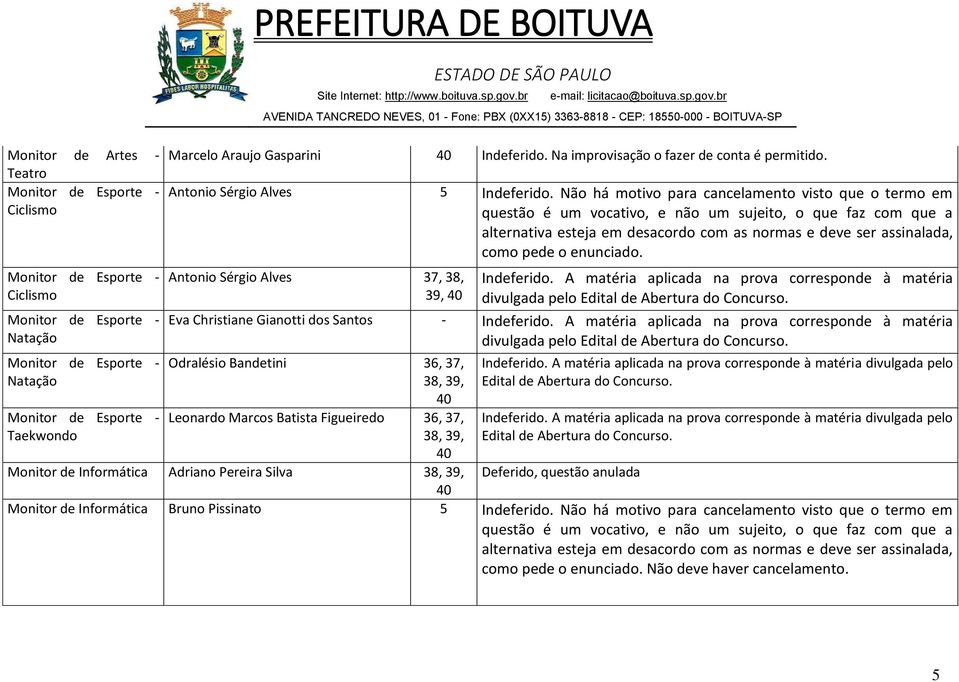 Eva Christiane Gianotti dos Santos - Indeferido. A matéria aplicada na prova corresponde à matéria divulgada pelo Edital de Abertura do Concurso.