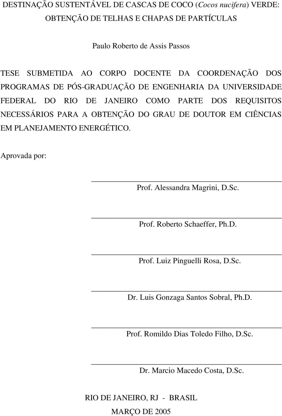 OBTENÇÃO DO GRAU DE DOUTOR EM CIÊNCIAS EM PLANEJAMENTO ENERGÉTICO. Aprovada por: Prof. Alessandra Magrini, D.Sc. Prof. Roberto Schaeffer, Ph.D. Prof. Luiz Pinguelli Rosa, D.