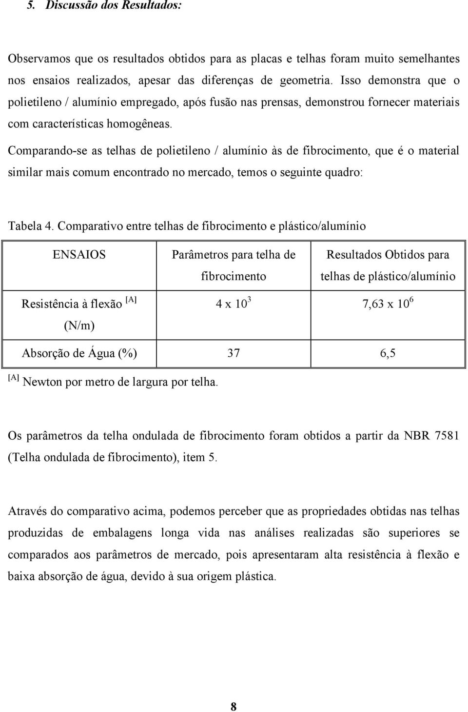 Comparando-se as telhas de polietileno / alumínio às de fibrocimento, que é o material similar mais comum encontrado no mercado, temos o seguinte quadro: Tabela 4.