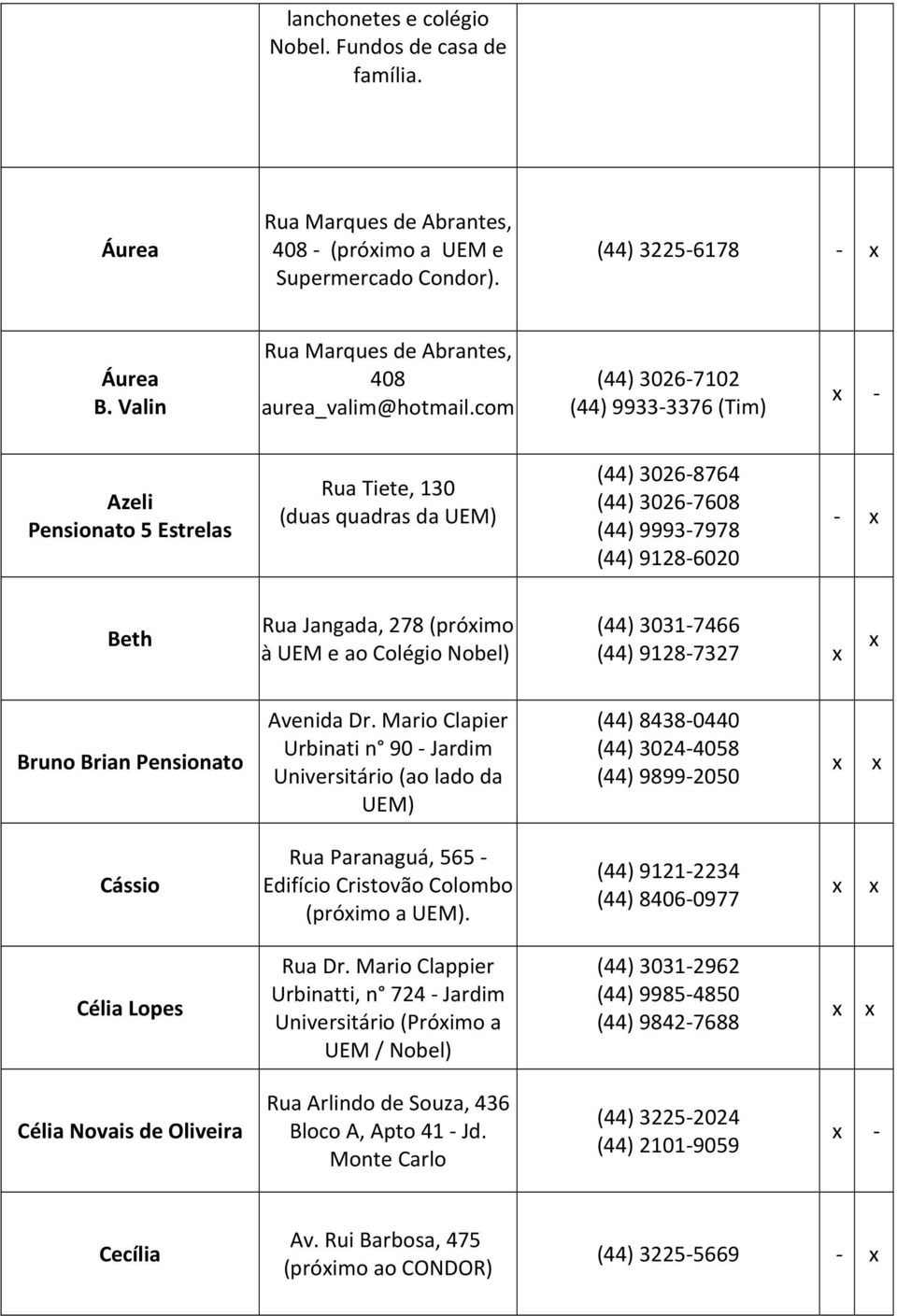 com (44) 3026-7102 (44) 9933-3376 (Tim) Azeli Pensionato 5 Estrelas Rua Tiete, 130 (duas quadras da UEM) (44) 3026-8764 (44) 3026-7608 (44) 9993-7978 (44) 9128-6020 - x Beth Rua Jangada, 278 (próximo