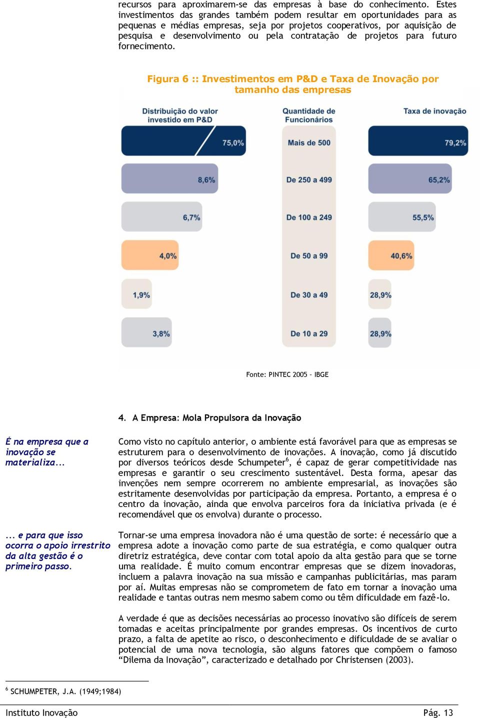 contratação de projetos para futuro fornecimento. Figura 6 :: Investimentos em P&D e Taxa de Inovação por tamanho das empresas Fonte: PINTEC 2005 IBGE 4.