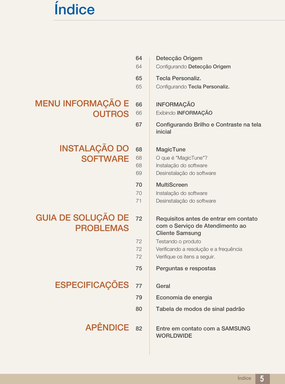 68 Instalação do software 69 Desinstalação do software 70 MultiScreen 70 Instalação do software 71 Desinstalação do software GUIA DE SOLUÇÃO DE PROBLEMAS 72 Requisitos antes de entrar em contato com