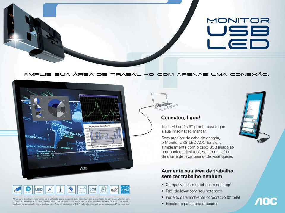 Aumente sua área de trabalho sem ter trabalho nenhum Compatível com notebook e desktop* O PIV DCR T S I LV E R MONITOR Hg FREE MONITOR LOW POWER ULTRA SLIM AUTO PIVOT GLARE PANEL 20.000.