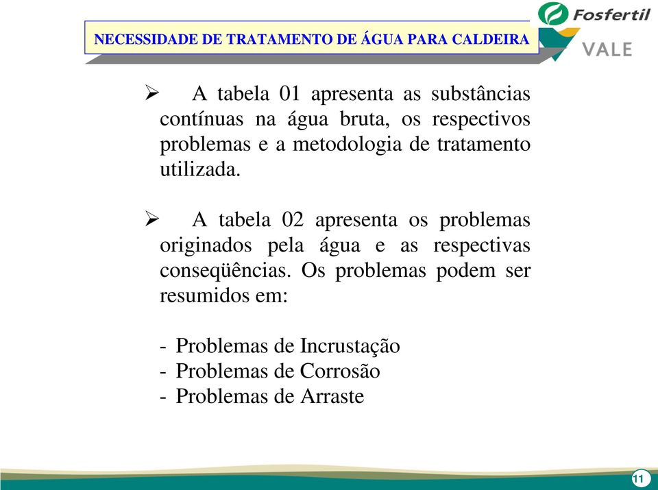 A tabela 02 apresenta os problemas originados pela água e as respectivas conseqüências.