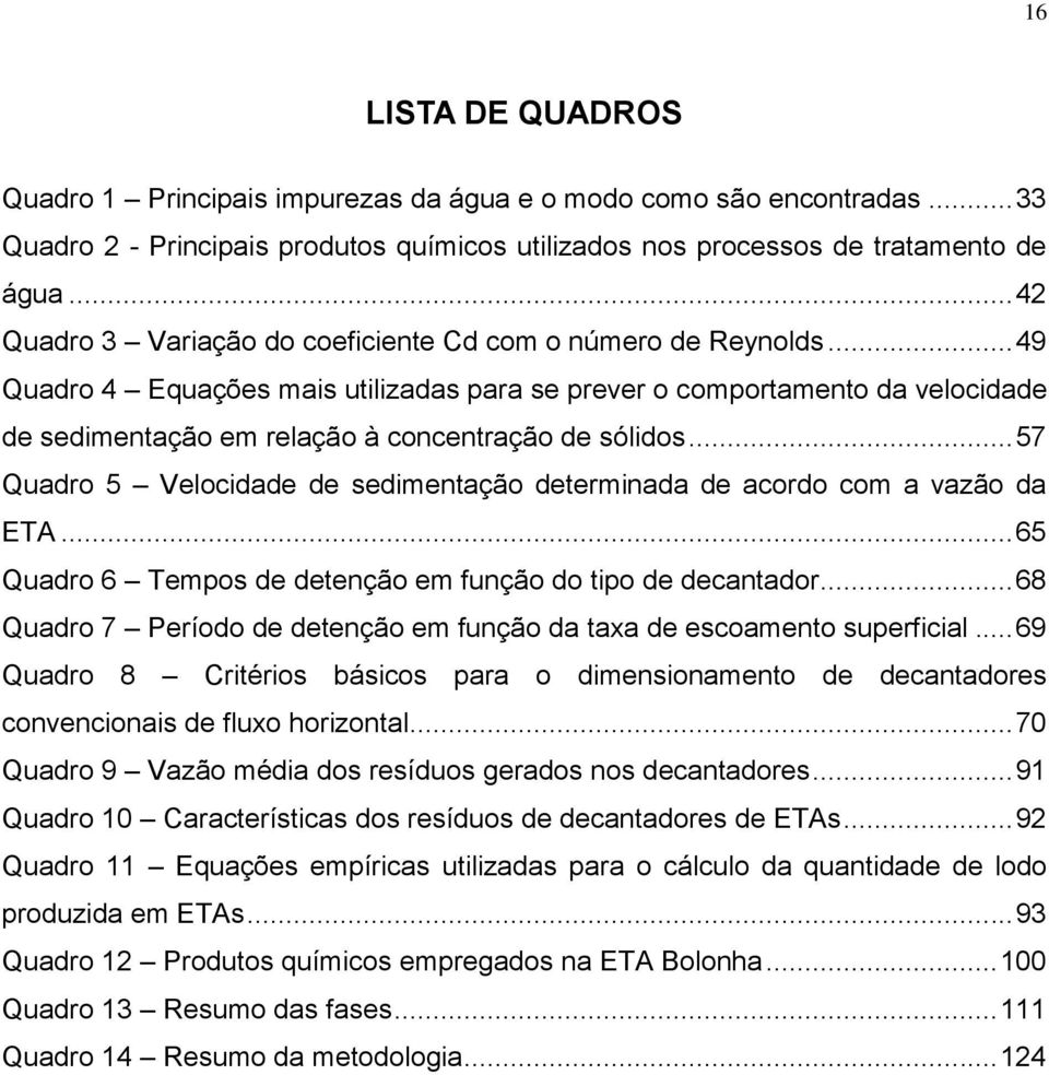 .. 49 Quadro 4 Equações mais utilizadas para se prever o comportamento da velocidade de sedimentação em relação à concentração de sólidos.