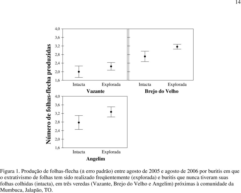 Produção de folhas-flecha (± erro padrão) entre agosto de 2005 e agosto de 2006 por buritis em que o extrativismo de folhas tem