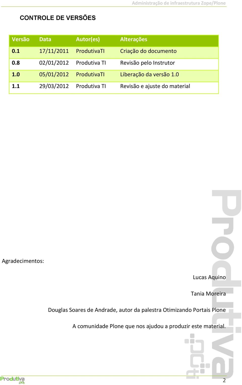 1 29/03/2012 Produtiva TI Revisão e ajuste do material Agradecimentos: Lucas Aquino Tania Moreira Douglas