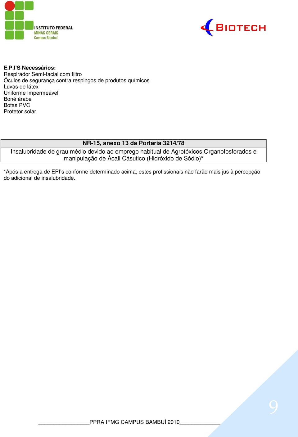 médio devido ao emprego habitual de Agrotóxicos Organofosforados e manipulação de Ácali Cásutico (Hidróxido de Sódio)* *Após