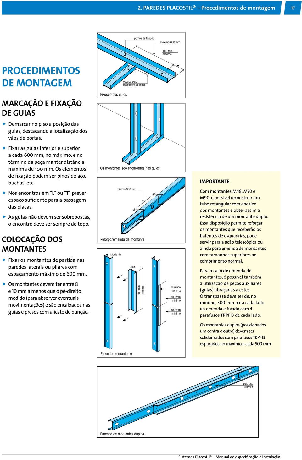 Os elementos de fixação podem ser pinos de aço, buchas, etc. Os montantes são encaixados nas guias IMPORTANTE Nos encontros em "L" ou "T" prever espaço suficiente para a passagem das placas.