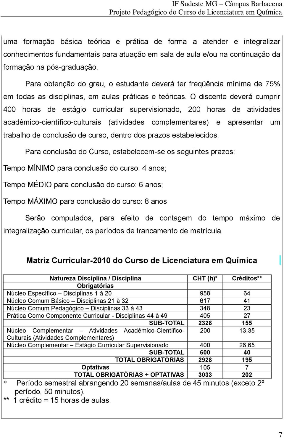 O discente deverá cumprir 400 horas de estágio curricular supervisionado, 200 horas de atividades acadêmico-científico-culturais (atividades complementares) e apresentar um trabalho de conclusão de