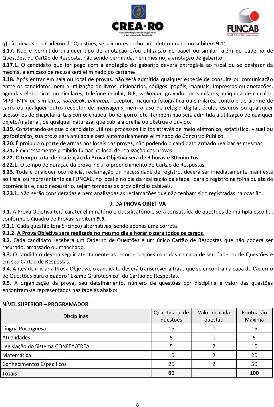 .1. O candidato que for pego com a anotação do gabarito deverá entregá-la ao fiscal ou se desfazer da mesma, e em caso de recusa será eliminado do certame. 8.18.