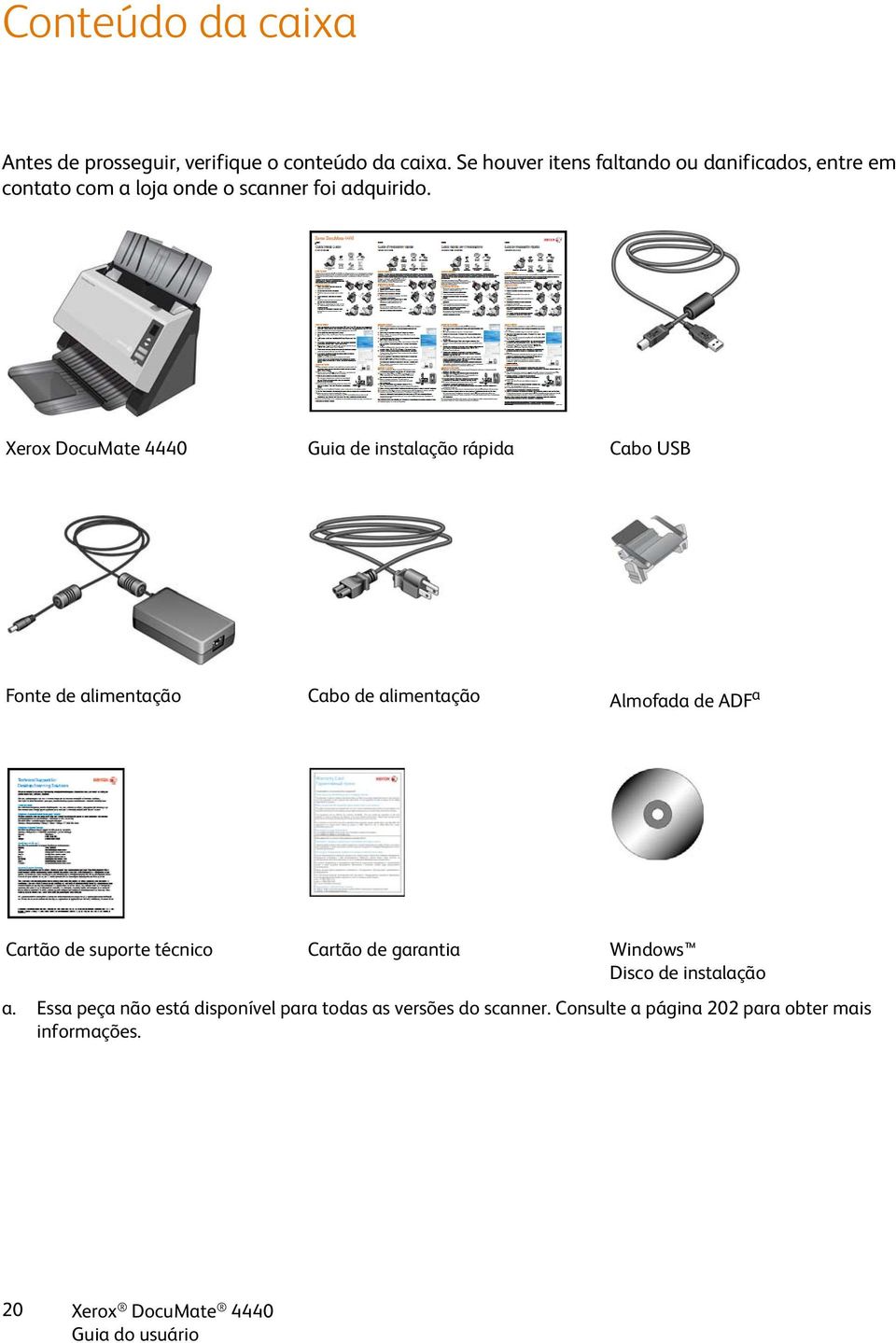 Xerox DocuMate 4440 Guia de instalação rápida Cabo USB Fonte de alimentação Cabo de alimentação Almofada de ADF a