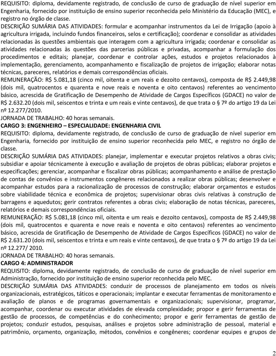 DESCRIÇÃO SUMÁRIA DAS ATIVIDADES: formular e acompanhar instrumentos da Lei de Irrigação (apoio à agricultura irrigada, incluindo fundos financeiros, selos e certificação); coordenar e consolidar as