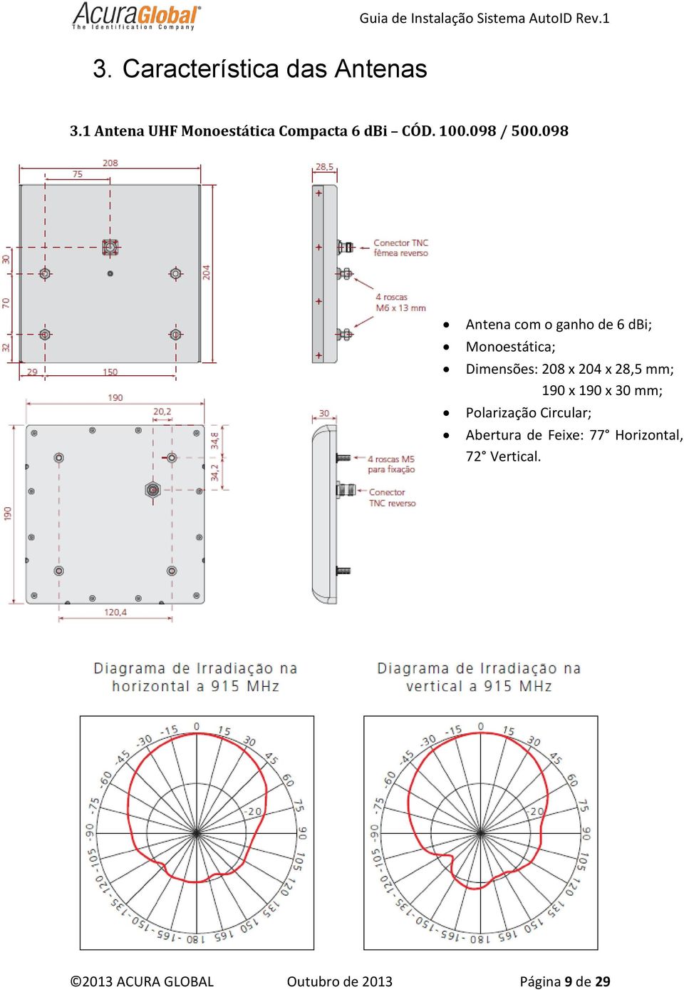 098 Antena com o ganho de 6 dbi; Monoestática; Dimensões: 208 x 204 x 28,5