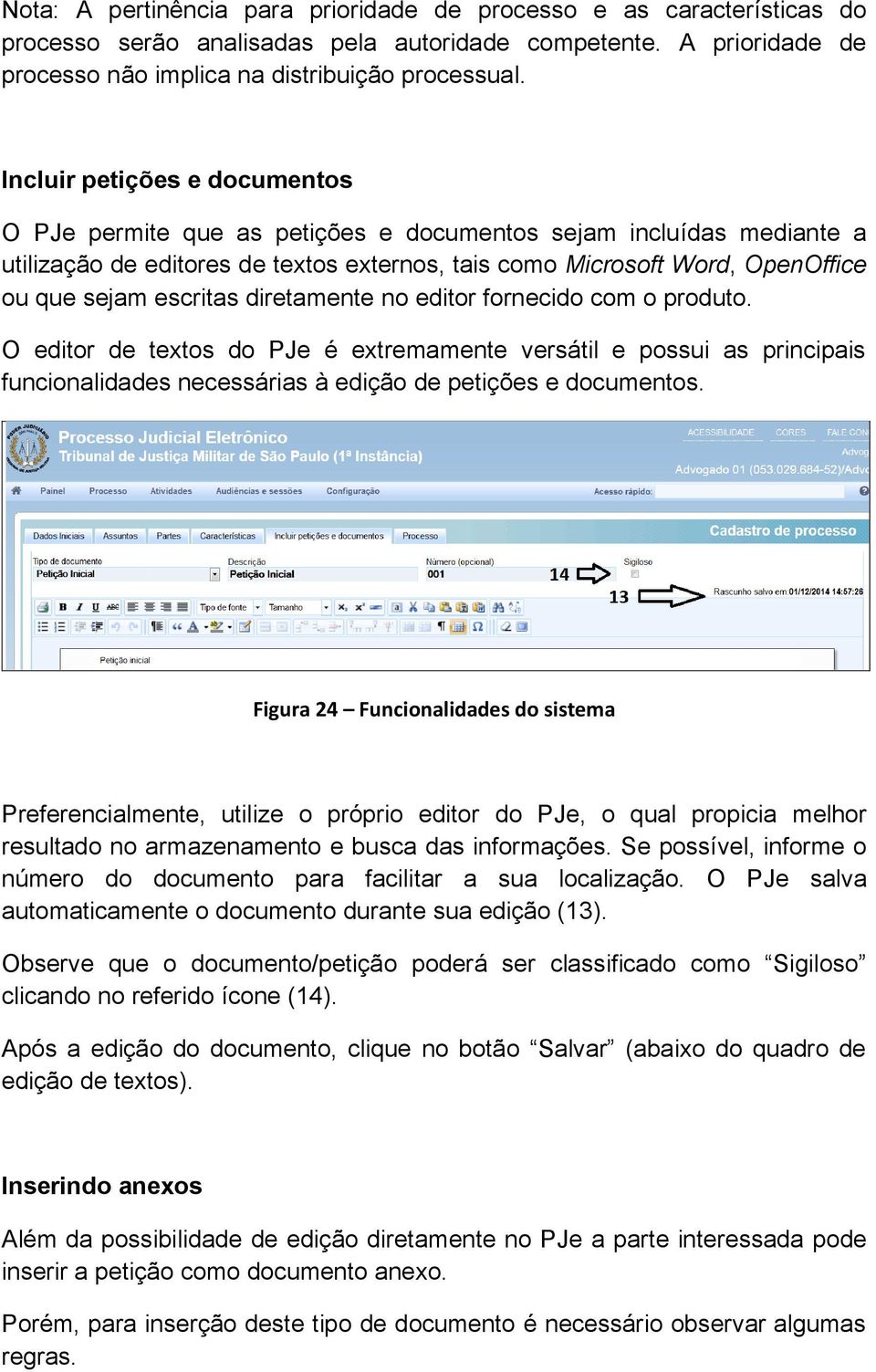 escritas diretamente no editor fornecido com o produto. O editor de textos do PJe é extremamente versátil e possui as principais funcionalidades necessárias à edição de petições e documentos.