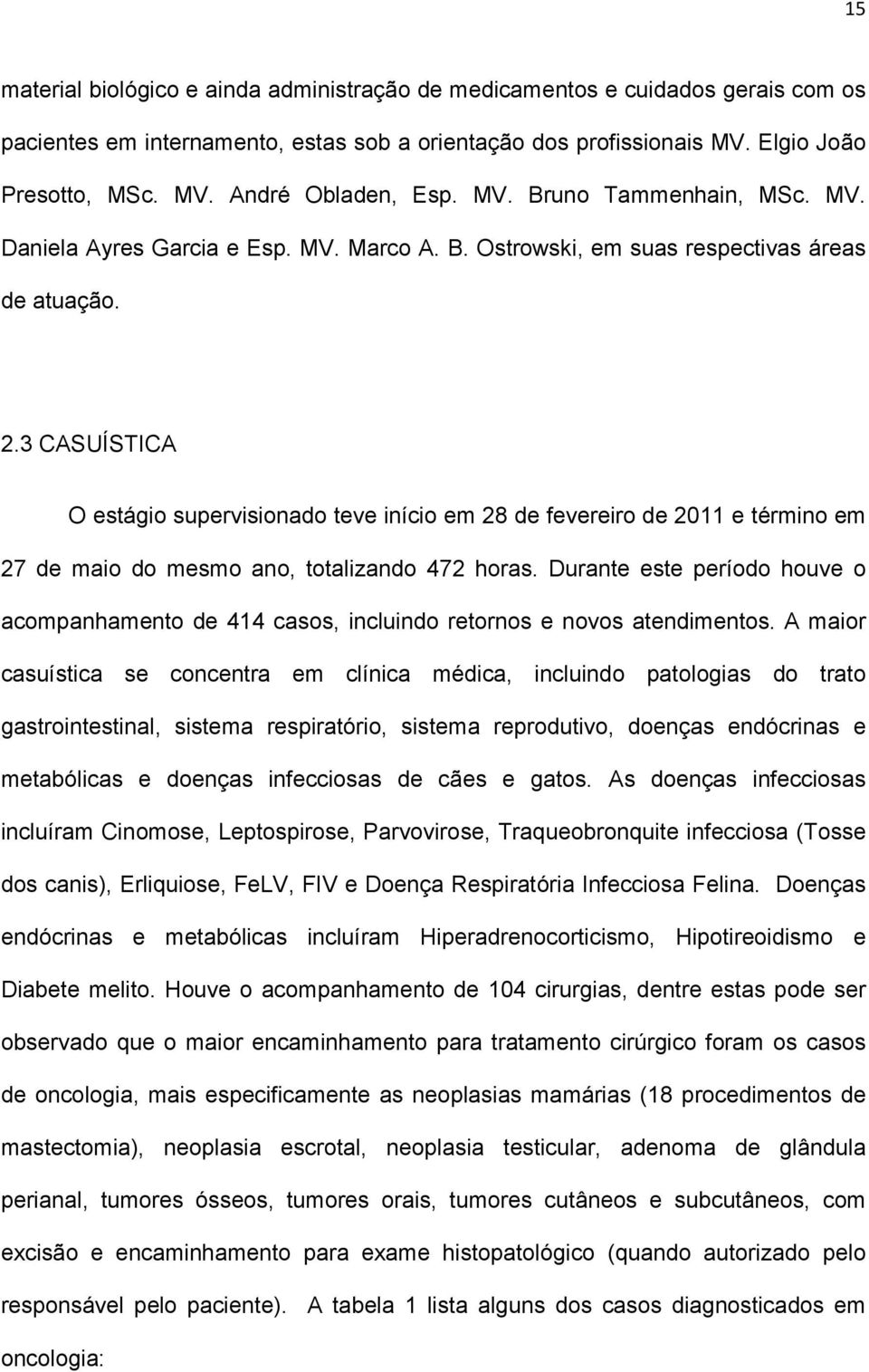 3 CASUÍSTICA O estágio supervisionado teve início em 28 de fevereiro de 2011 e término em 27 de maio do mesmo ano, totalizando 472 horas.