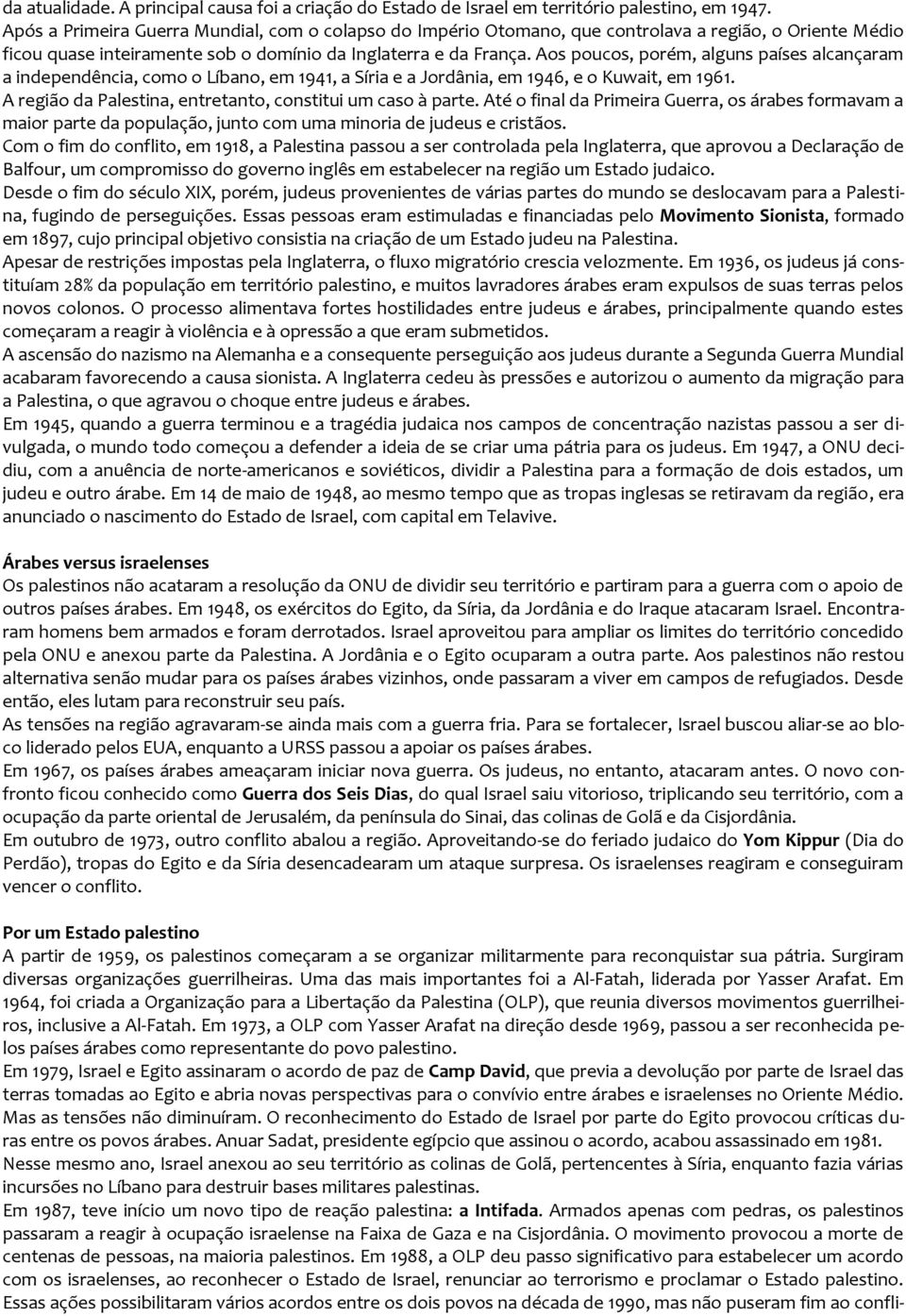 Aos poucos, porém, alguns países alcançaram a independência, como o Líbano, em 1941, a Síria e a Jordânia, em 1946, e o Kuwait, em 1961. A região da Palestina, entretanto, constitui um caso à parte.