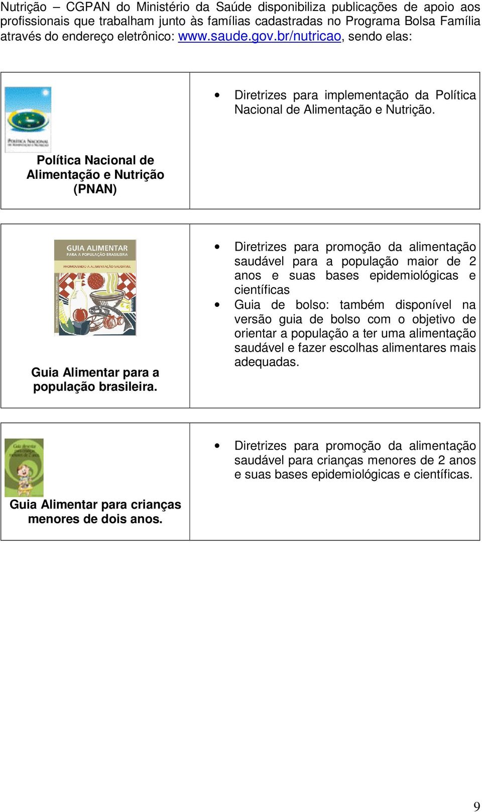 Política Nacional de Alimentação e Nutrição (PNAN) Guia Alimentar para a população brasileira.