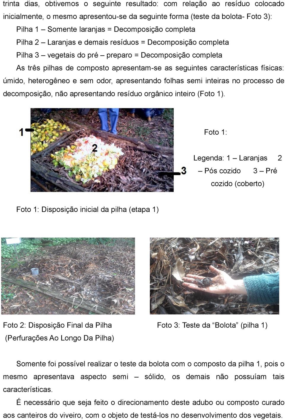 físicas: úmido, heterogêneo e sem odor, apresentando folhas semi inteiras no processo de decomposição, não apresentando resíduo orgânico inteiro (Foto 1).