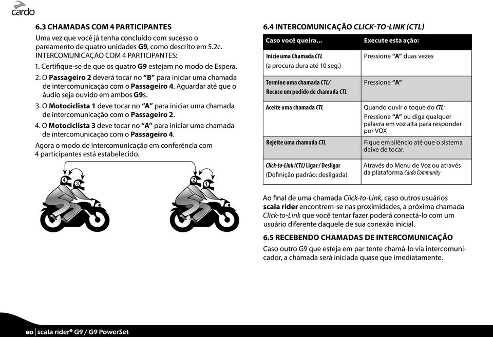 Aguardar até que o áudio seja ouvido em ambos G9s. 3. O Motociclista 1 deve tocar no A para iniciar uma chamada de intercomunicação com o Passageiro 2. 4.