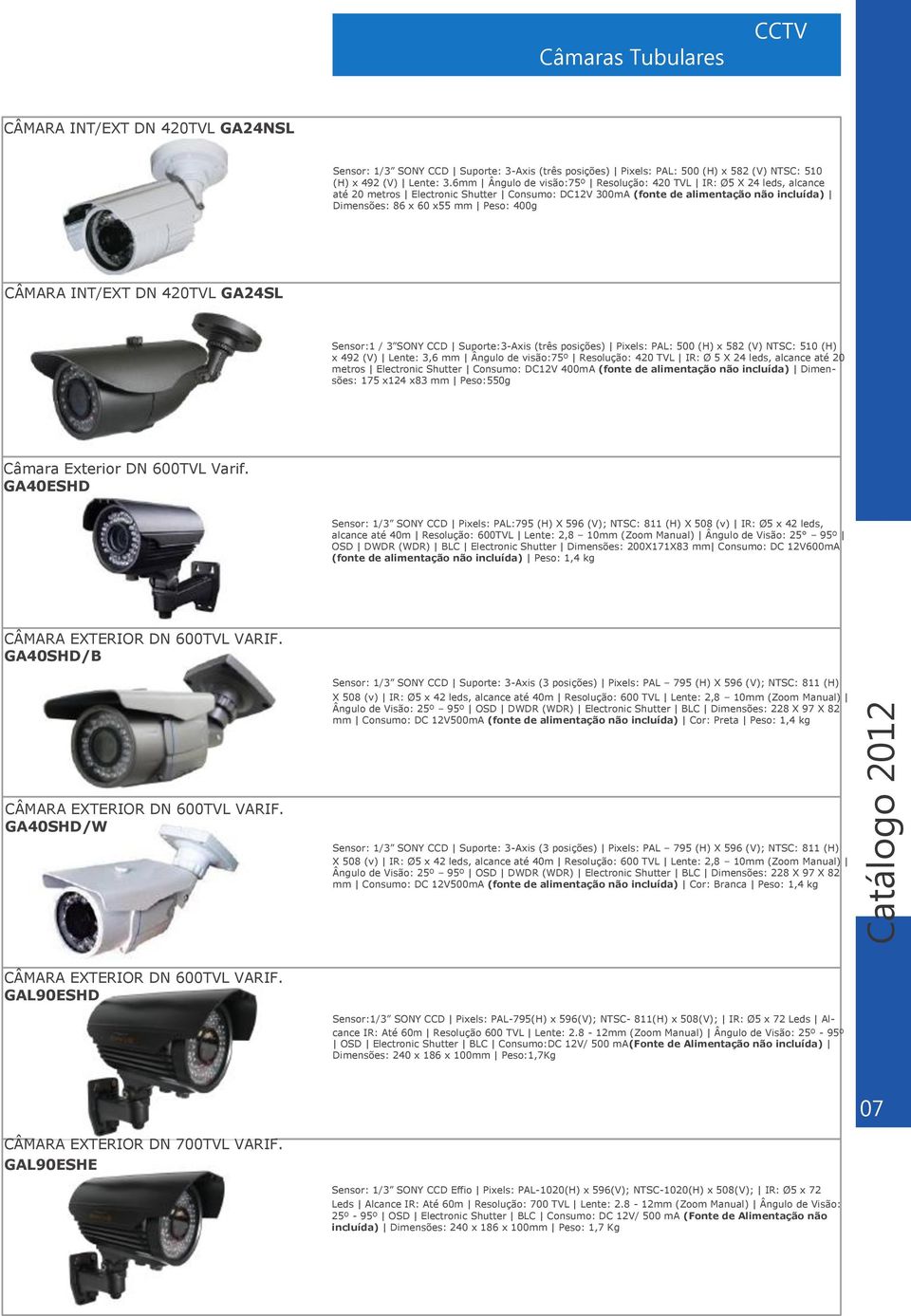 CÂMARA INT/EXT DN 420TVL GA24SL Sensor:1 / 3 SONY CCD Suporte:3-Axis (três posições) Pixels: PAL: 500 (H) x 582 (V) NTSC: 510 (H) x 492 (V) Lente: 3,6 mm Ângulo de visão:75º Resolução: 420 TVL IR: Ø