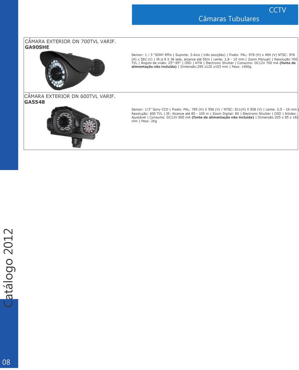 Manual) Resolução:700 TVL Ângulo de visão: 25-95 OSD ATW Electronic Shutter Consumo: DC12V 700 ma (fonte de alimentação não incluída) Dimensão:295 x120 x103 mm Peso: 1400g CÂMARA