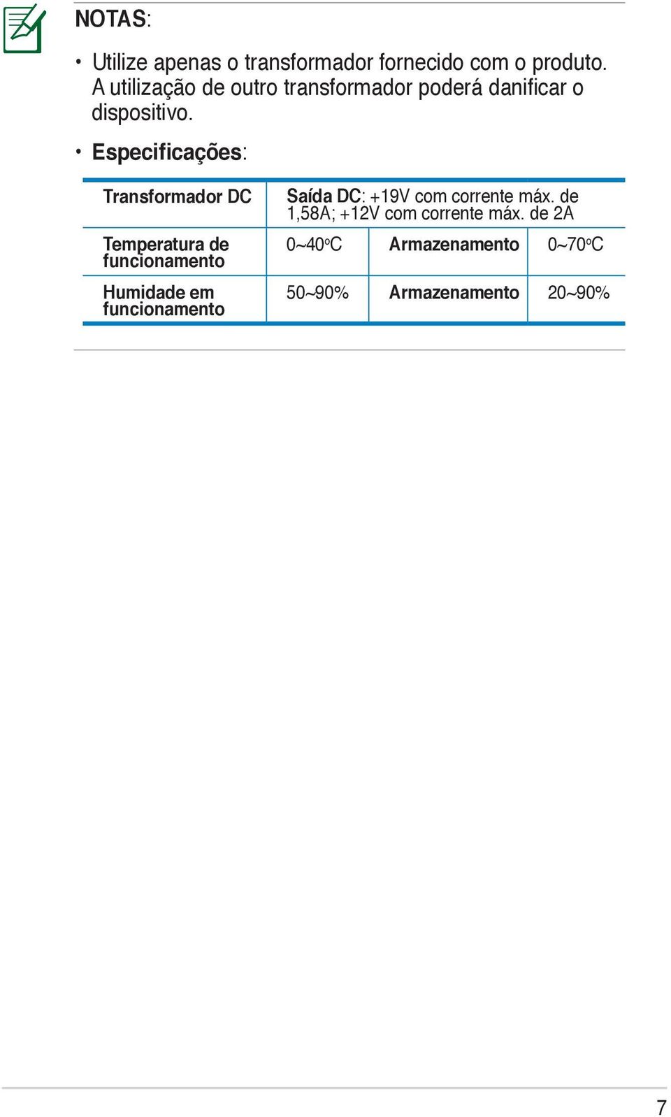 Especificações: Transformador DC Temperatura de funcionamento Humidade em funcionamento